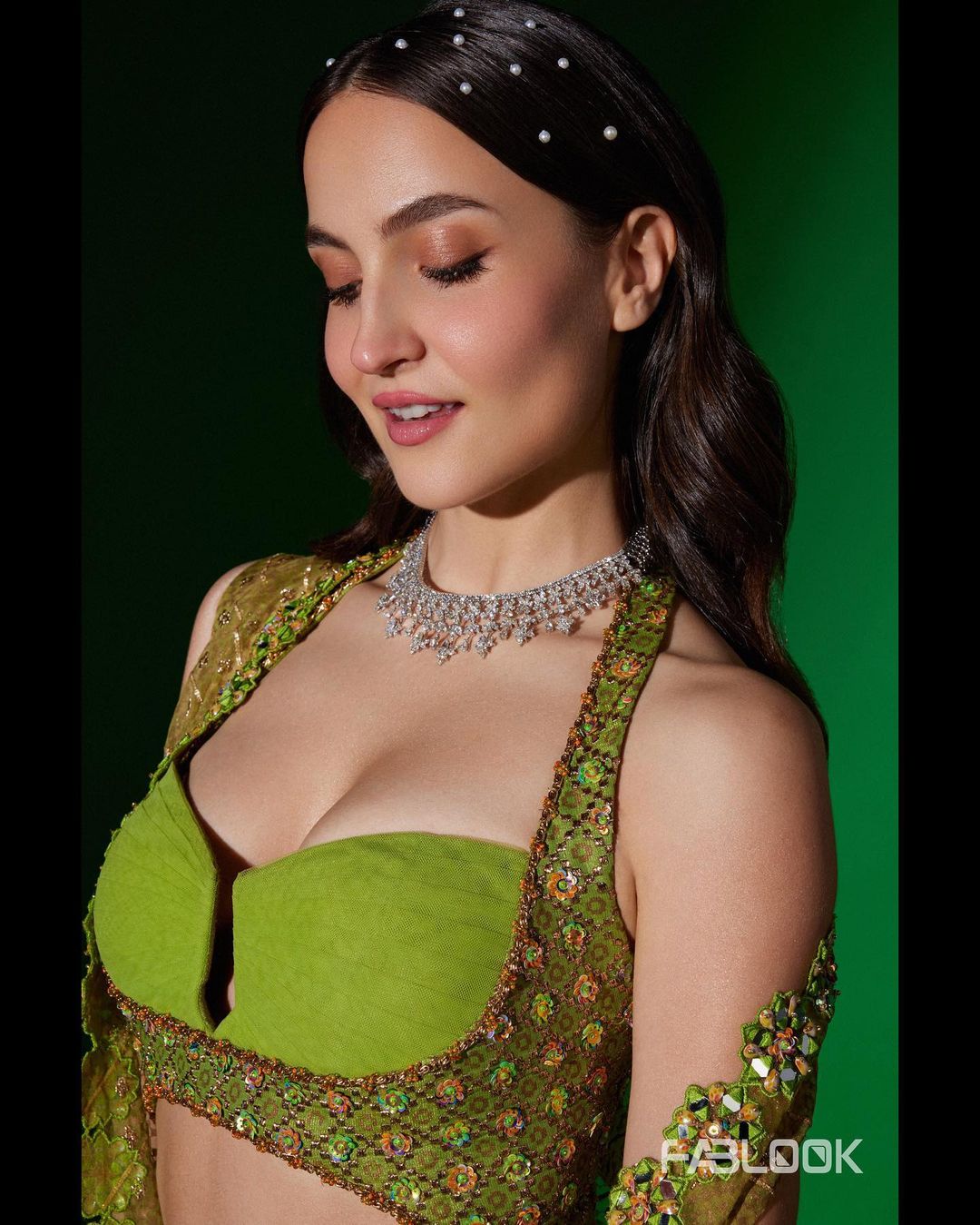 Indian Actress Elli AvrRam Pics in Green Lehenga Choli